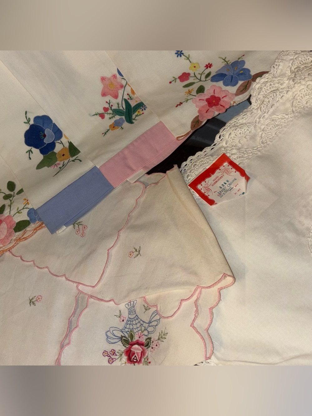 Vintage linen lot, tea, towels, bread, basket, wrap, placemats hand embroidery